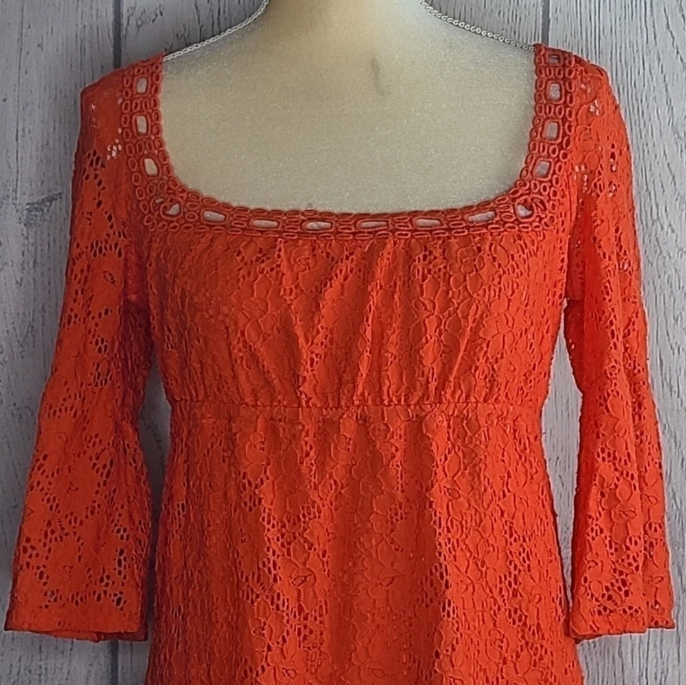 Laundry By Shelli Segal Orange Eyelet Lace Midi Dress Size Small - Picture 2 of 8